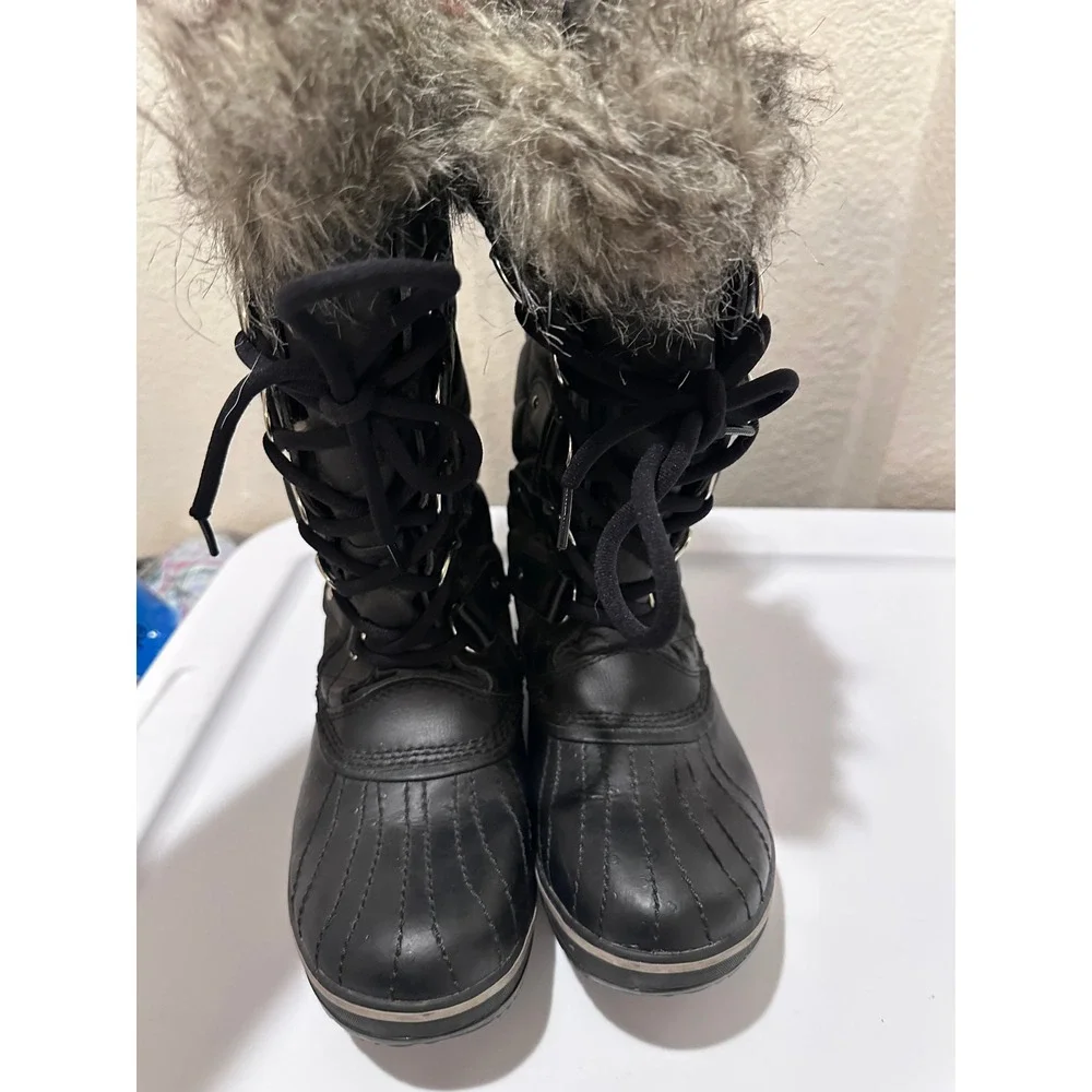 Sorel Winter Snow Boots Quilted Faux Fur Trim Lace‎ Up Black